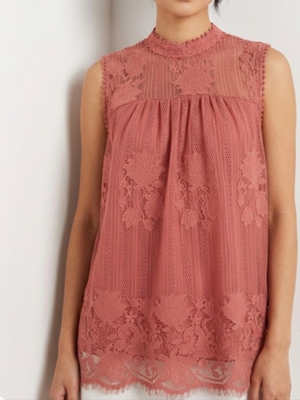 Worthington Rose Pink Lace Overlay Mock Neck Tunic Top L